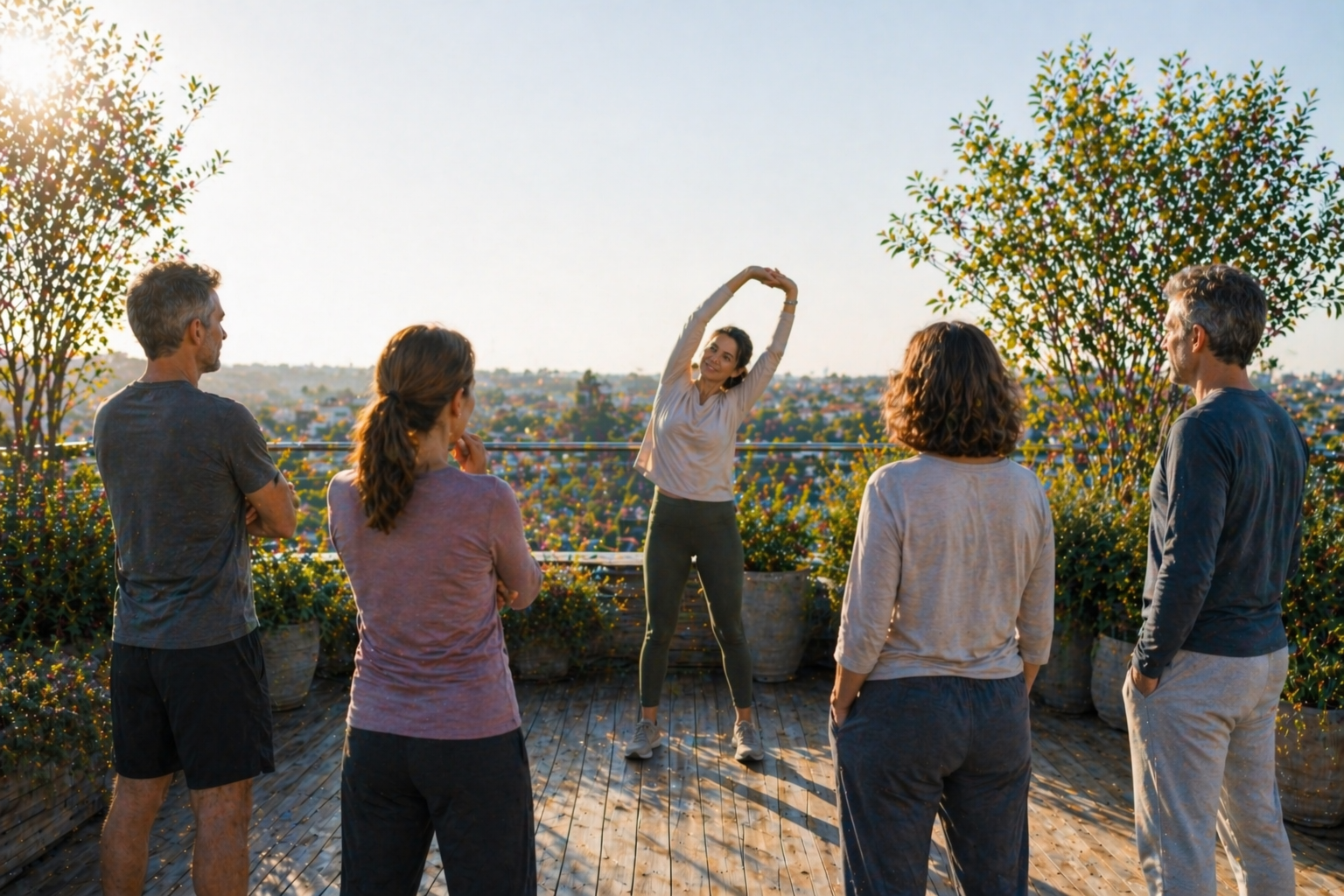 Gruppe von Mitarbeitenden beim gemeinsamen Stretching auf einer Dachterrasse am Morgen