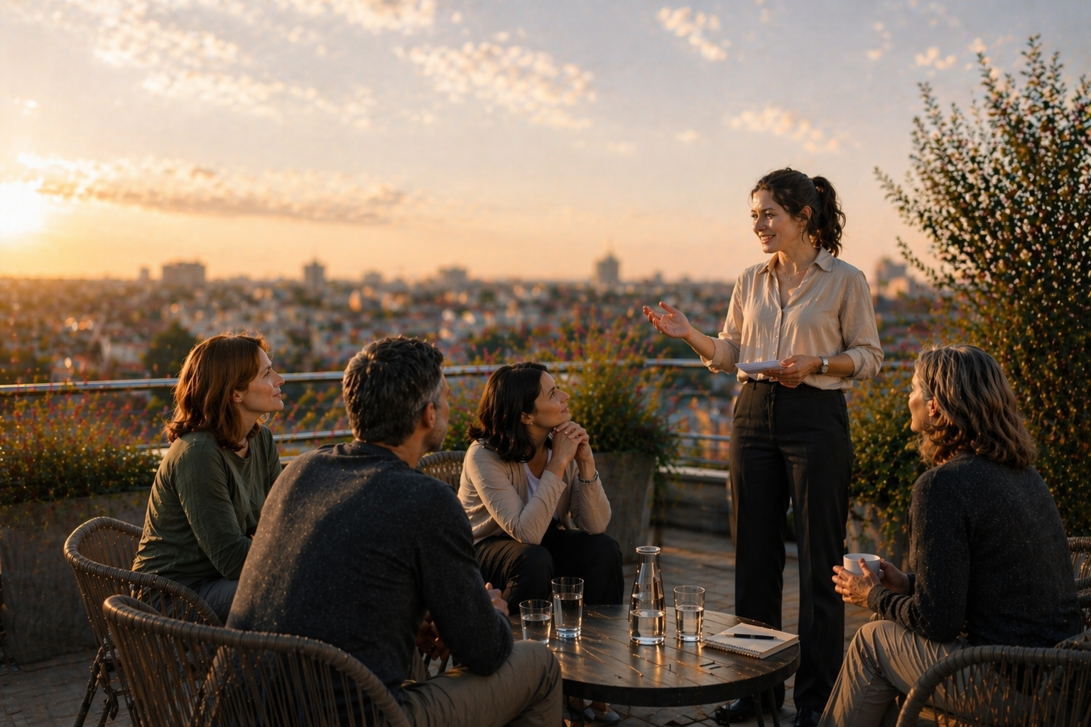 Gruppe auf einer Dachterrasse beim Gespräch bei Sonnenuntergang