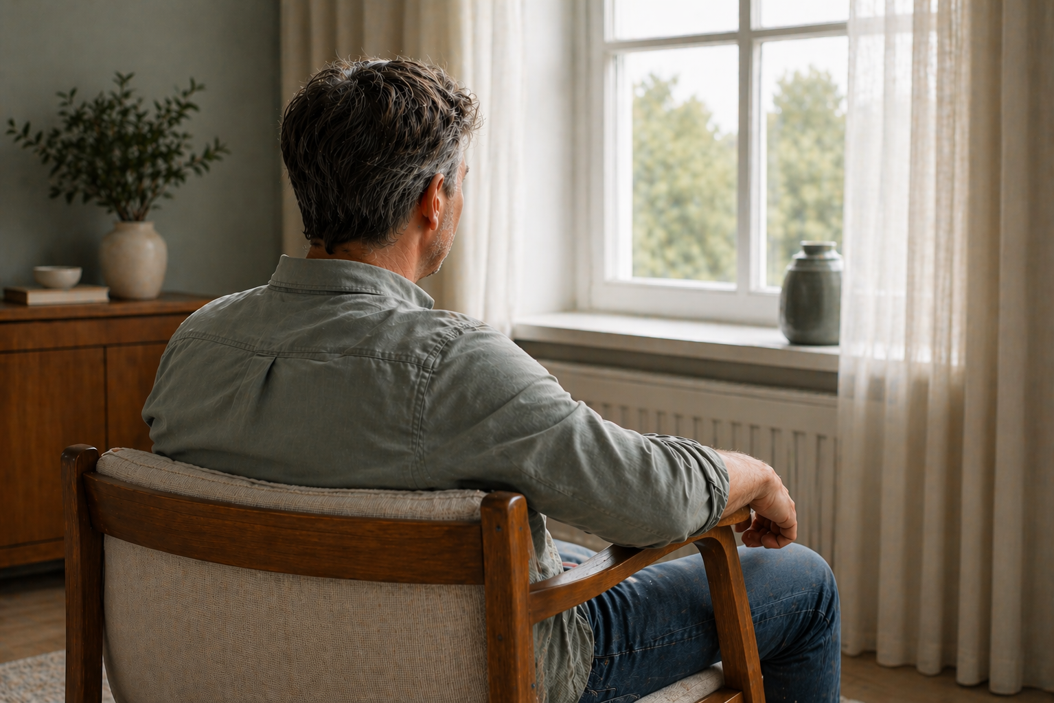 Mann sitzt in einem Sessel und blickt nachdenklich aus dem Fenster